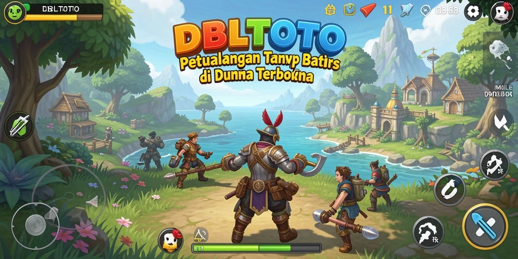 Screenshot menunjukkan karakter menjelajahi dunia terbuka DBLTOTO yang berwarna-warni.