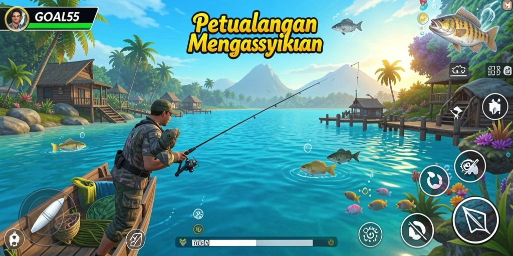 Gameplay GOAL55 yang menampilkan suasana memancing yang menakjubkan.