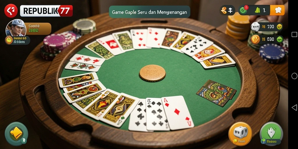 Screenshot utama REPUBLIK77 yang menampilkan gameplay Gaple yang seru.